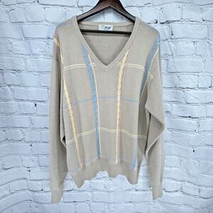 VTG Pringle Scotland Sweater Men's L Beige w/ Blue & Yellow V-Neck Cotton READ